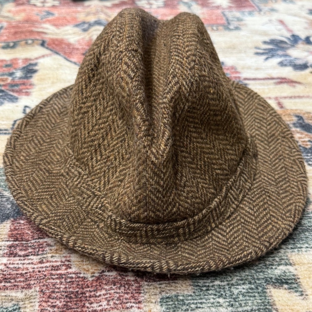 Louis Might Off Herringbone Fedora Hat Brown Wool Blend Classic Style